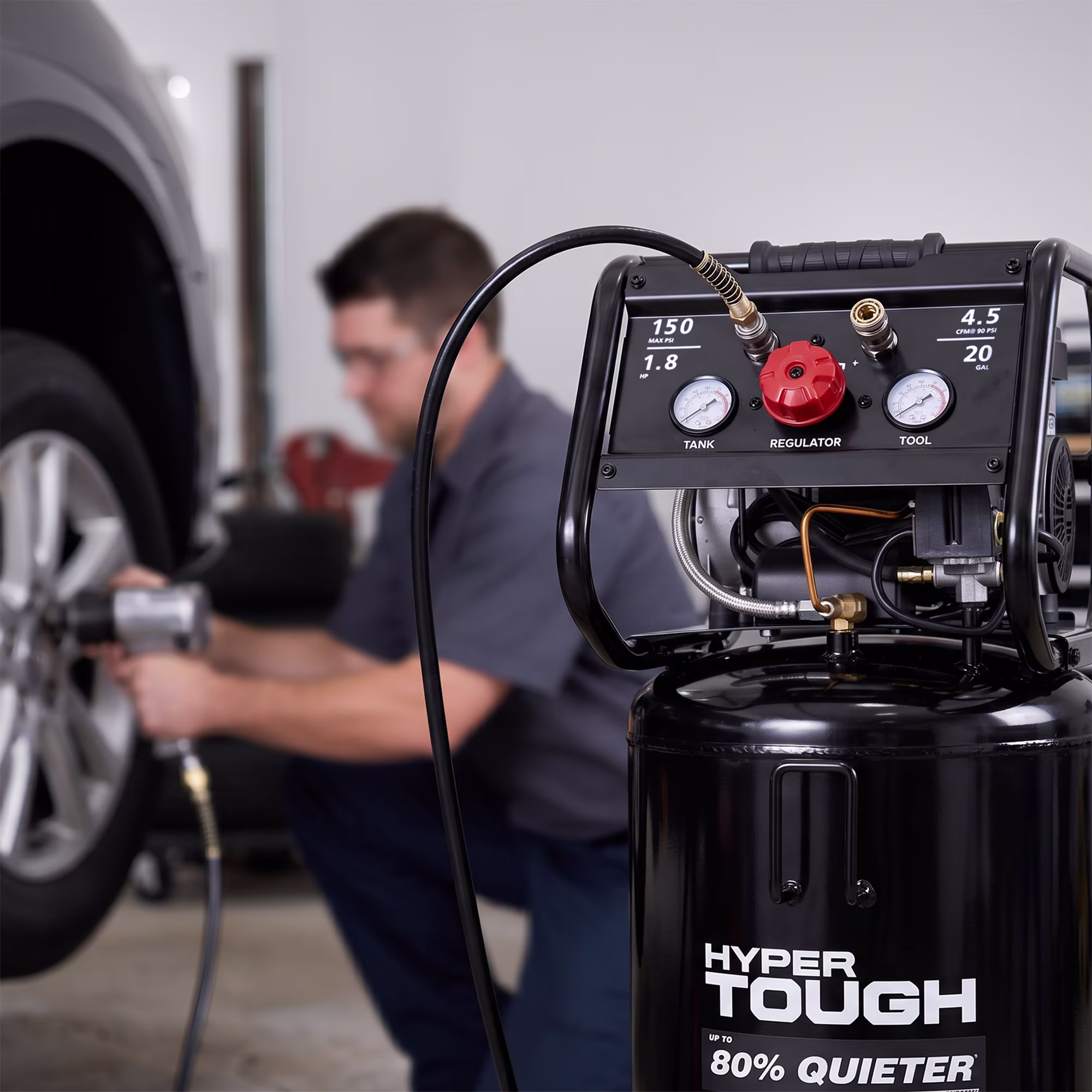 163c63a35c2bb3866434a9aec5448051d8618b1c41d2ca62ca9b8a2a9a616b34 Hyper Tough 20 Gallon 1.8 HP Vertical Quiet air compressor 150psi