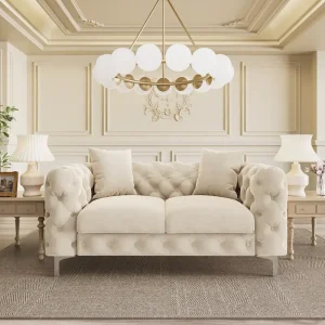 Morden Fort Modern Loveseat Two-Seater Sofa with Dutch Velvet, Solid Wood Frame and Iron Legs(Beige)
