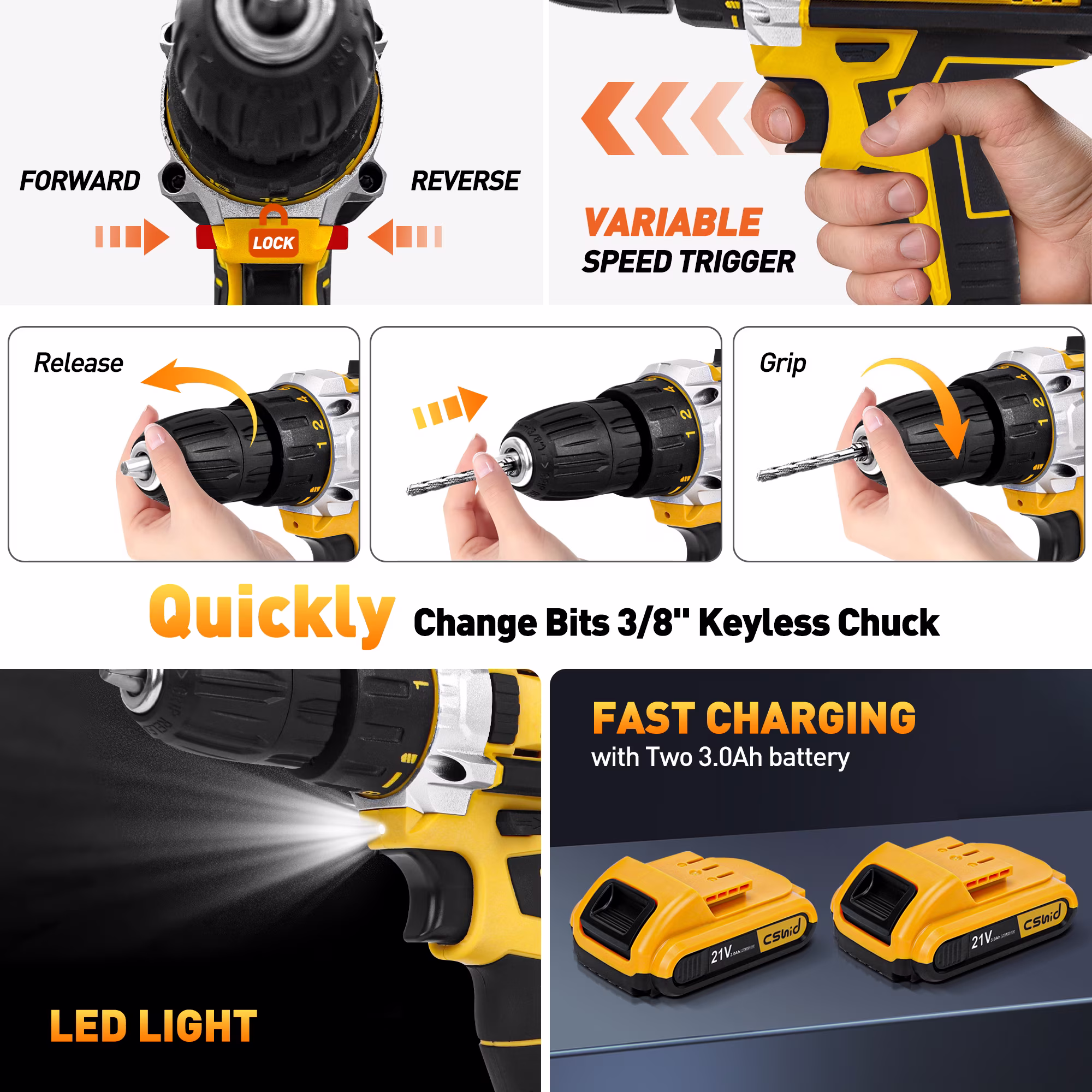 16a003bf27ad140823f377b073f367040196ab38e97b8e91b72fb544d5705616 Cshidworld Tool Set with 21V Cordless Drill, Drill Set with 2 Batteries and Charger, 95PCS Electric Power Drill Tool Kit, Repair Tools Sets Combo Kits Storage Organizer Case for Men Women, Yellow