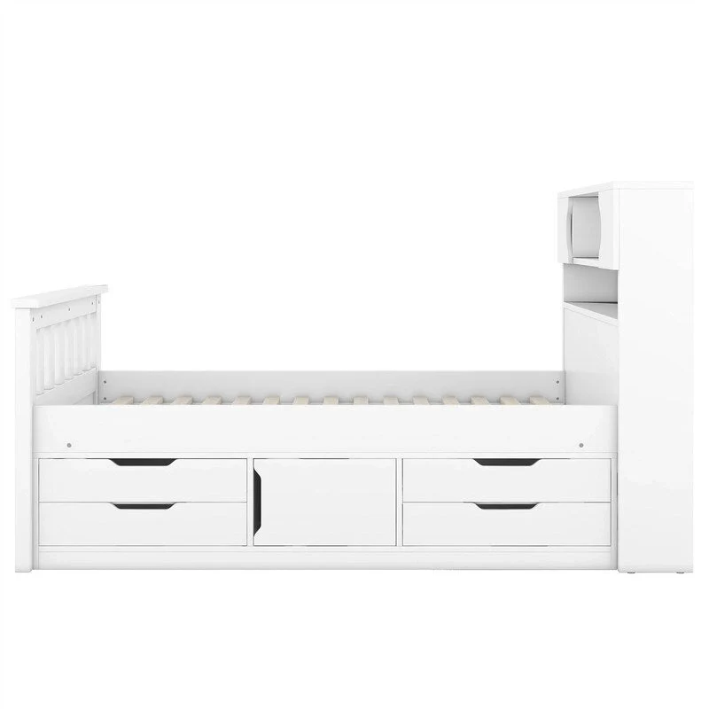 16c4d2259af3b2e9ec479a6ba5dbd1951dde25910d229e4d1f8cd02ab04692ac Twin/Full Size Captain Platform Bed with 4 Drawers and Storage Shelves, Solid Wood Bed Frame with Storage Bookcase Headboard(Grey/TWIN)