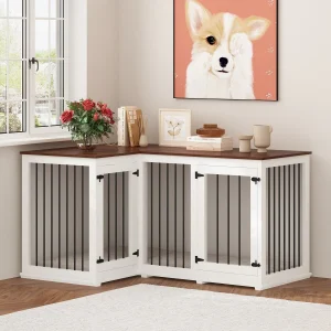 Large Corner Dog Crate Furniture for 2 Dogs, L Shape Dog Crate Cage - 58.7X41.1(White)