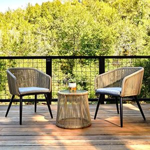 Patio Furniture Set, 3-Piece Outside Bistro Set Handwoven Rattan Wicker Chairs with Waterproof Cushions, Tempered Glass Table, Outdoor Conversation Set for Porch, Brown & Light Grey