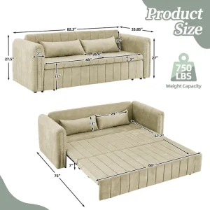 Velvet Upholstered Modern Convertible Sleeper Lounge Sofa Bed with Rolled Arms Decorated with Copper Nails(Black)