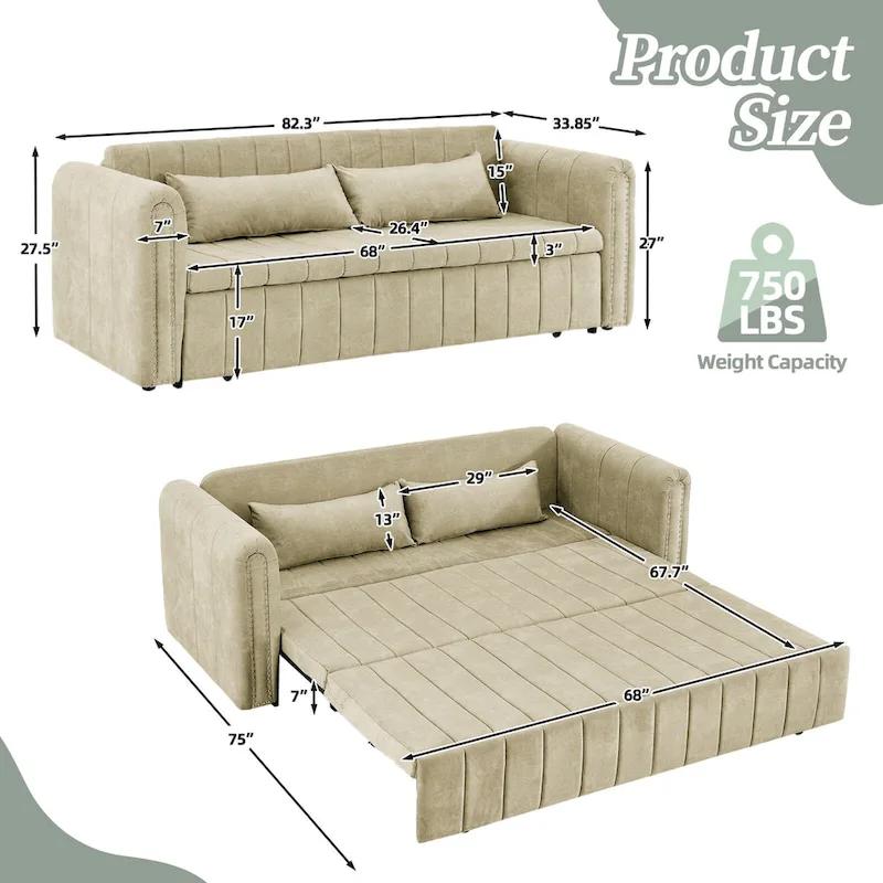 17c1eee0f094ca6e7977a6d0469086ebdbe62c75fd6171cf86ea96494bd9c351 Velvet Upholstered Modern Convertible Sleeper Lounge Sofa Bed with Rolled Arms Decorated with Copper Nails(Black)