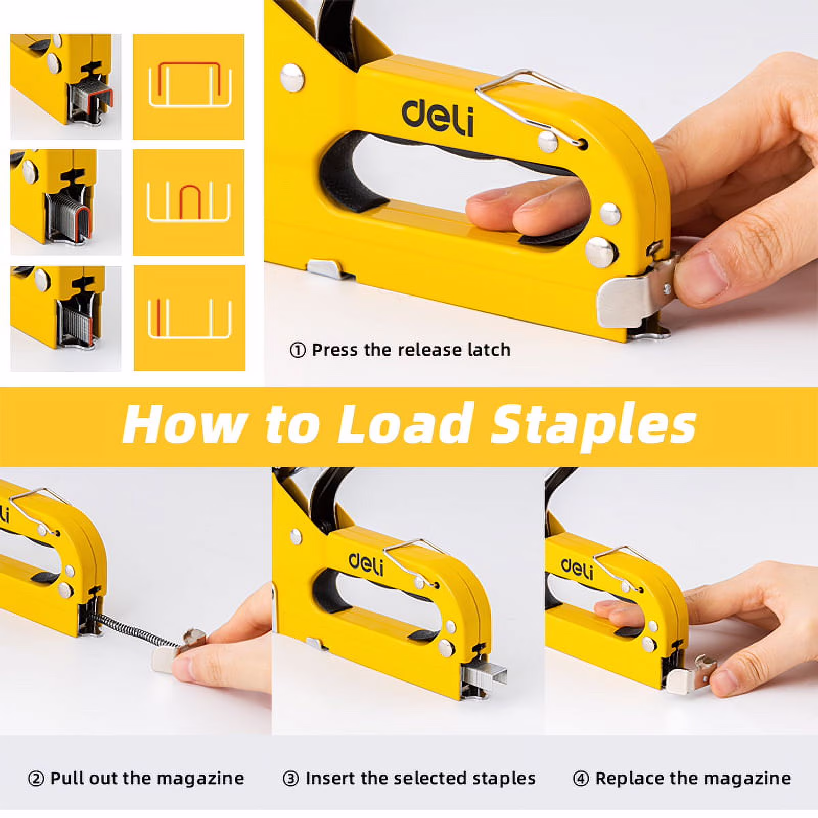 19242f6e7bb86cb2729086b4f8d3d7b91579cd6398d67553c013ab49fd6e03c3 Deli Staple Gun, Heavy Duty Staple Gun, 3 in 1 Manual Nail Gun with 6000 Staples(D, U and T-Type), for Upholstery, Material Repair, Carpentry, Decoration, Furniture, DIY