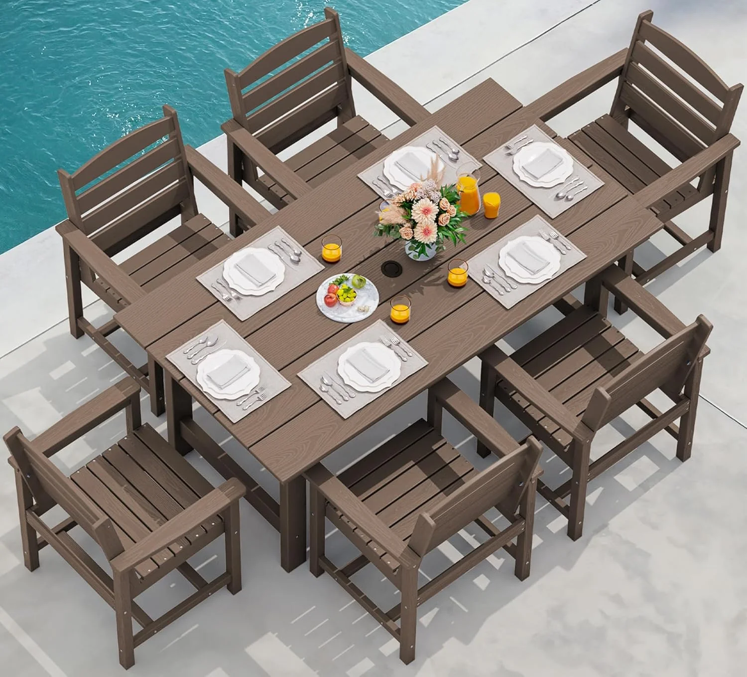1ad1964c189ad3174b01091b3d1725827bca58cec7e4a93b37fcee4b49f00b99 7-Piece Patio Table Set, Outdoor HDPE Dining Furniture with Umbrella Hole, All Weather Table and Chairs for Lawn, Garden, Poolside, Aruba(7 Piece + RedWhite Cushion/Aruba)