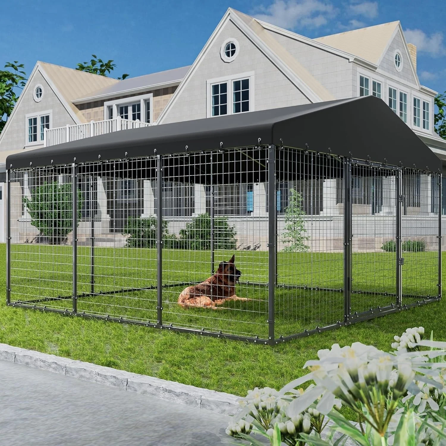 1afb43e630778d5b70fe0a25c7a333f0875c680f8630f3503384d6fa80b7ba16 W 118 x D 118 x H 70 Large Outdoor Dog Kennel,Heavy Duty Dog Cage Enclosure with Waterproof Roof(Metal / Steel/Black)