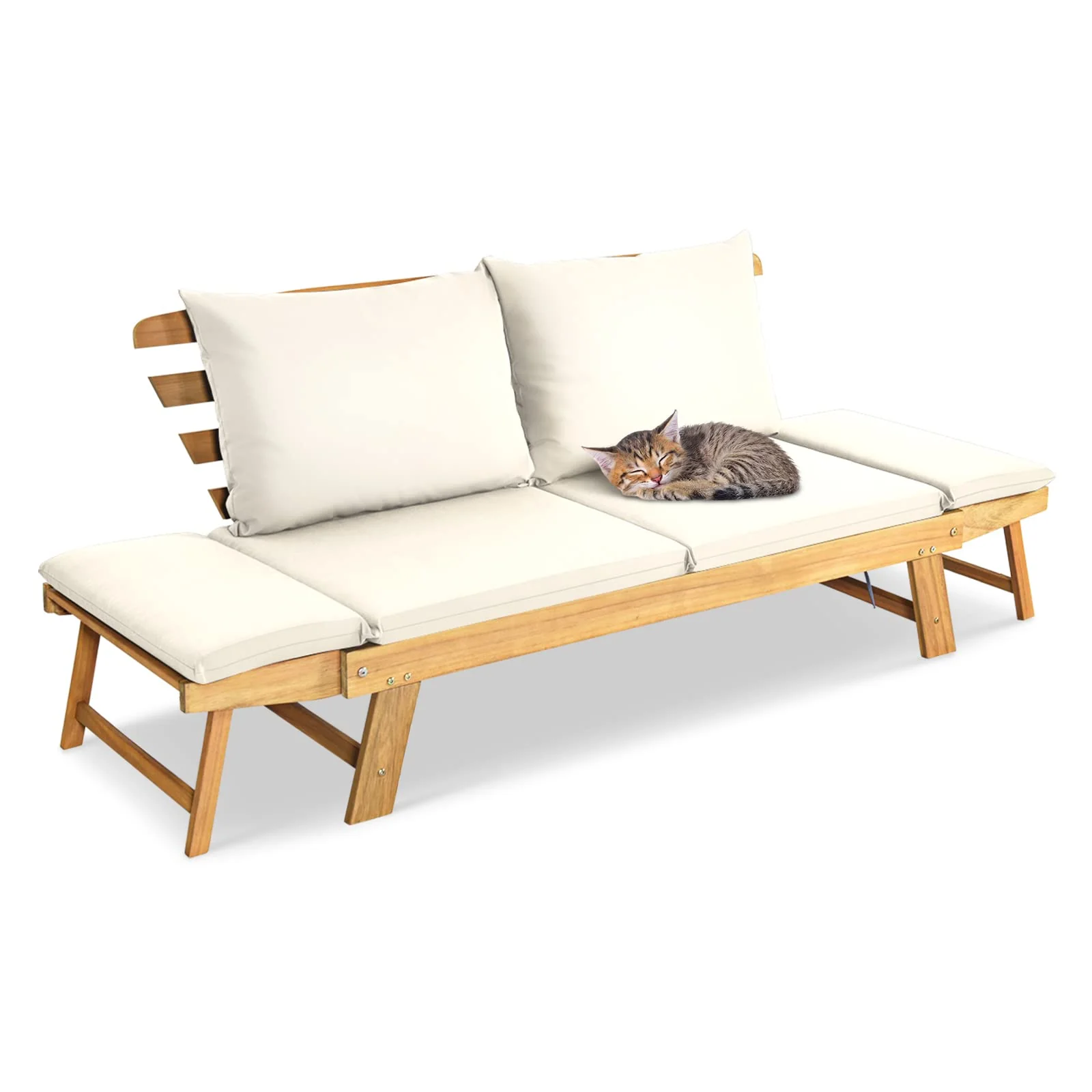 1b1e08431dacab9132360f3c6571551c37b1b20f2330904147170e0ea60c70c7 Outdoor Convertible Acacia Wood Daybed, Couch Sofa Bed w/Adjustable Armrest(White)