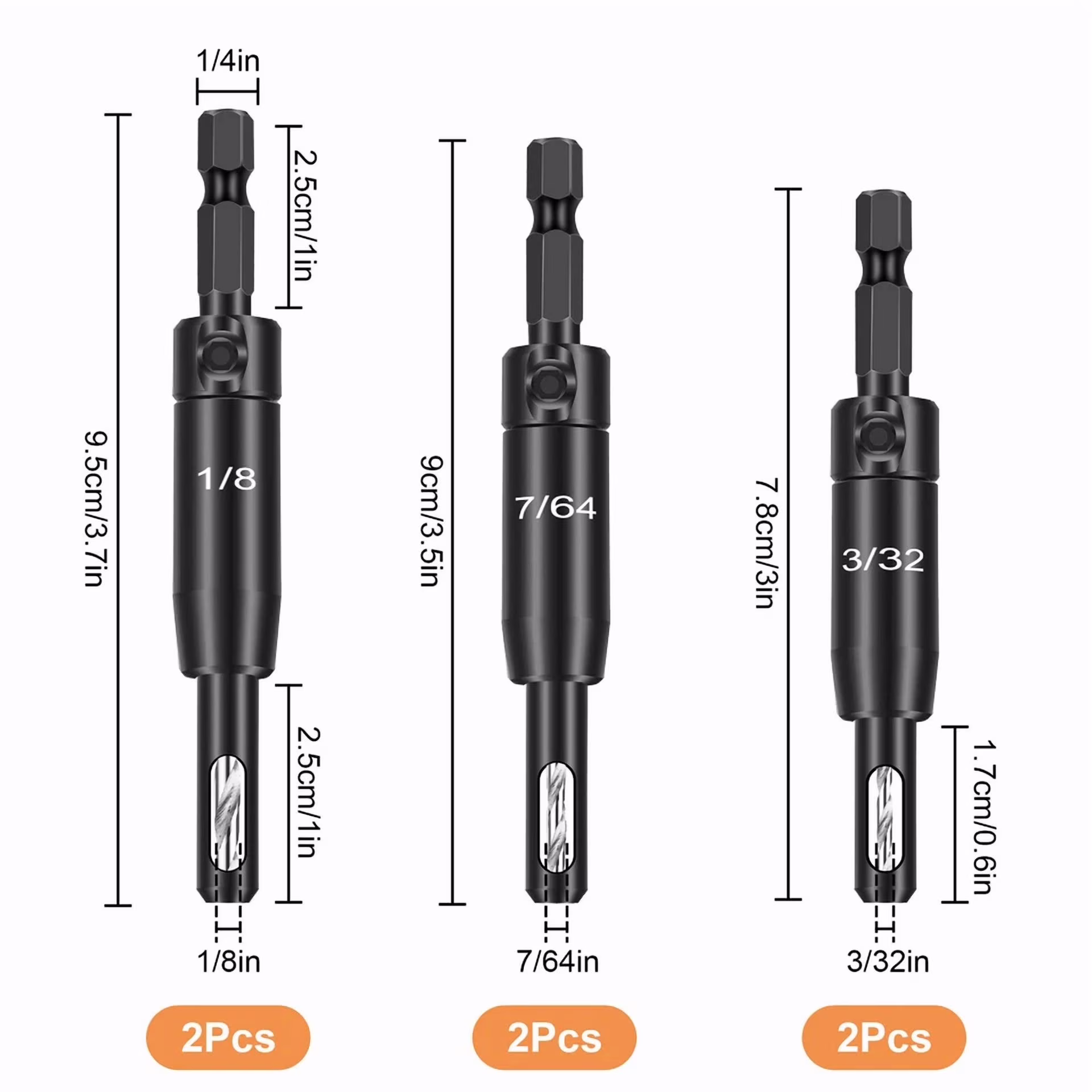 KLYNE - 6Pcs 1/8"-3/32" Self Centering Hinge Drill Bit Pilot Hole Tool 1/4" Hex Shank