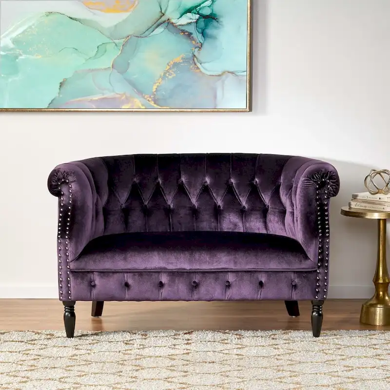 1c742e1ca8e1033ce394252f3abf46f47ad21cfc33c5e1d0f4ed065c24542ded Milani Velvet Tufted Scroll Arm Loveseat by Christopher Knight Home(Purple)
