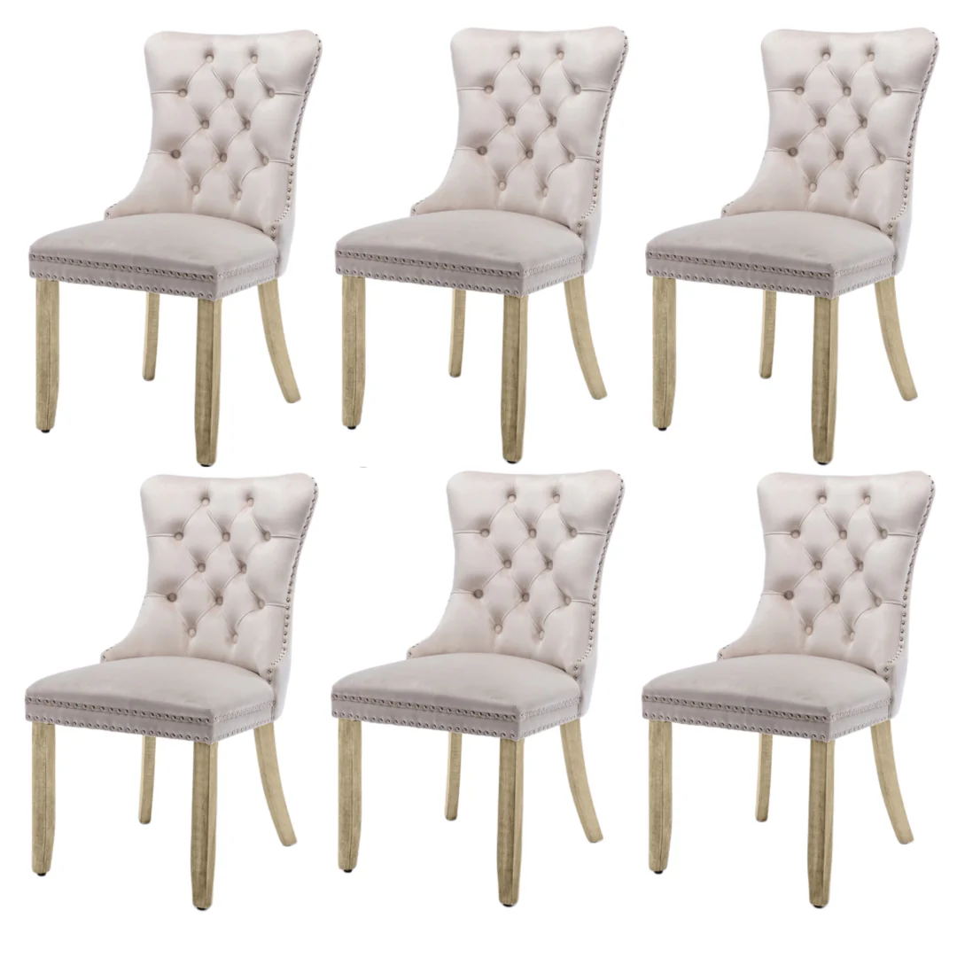 1ce52126704473e88a1005f54c7928ace6df0b0aa4af1f71eaced9d948ae1f9c 6x Velvet Dining Chairs Upholstered Tufted Kithcen Chair with Solid Wood Legs Stud Trim and Ring-Beige
