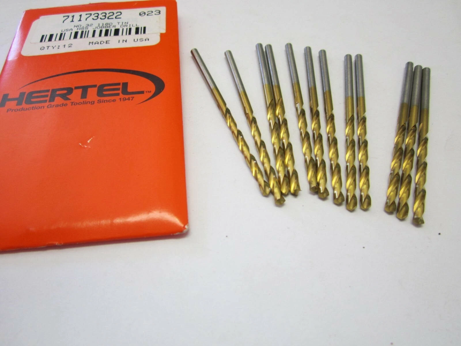 1d7974b38e7a147e1404855a8d535444433a89d64e366726b41294e01ddd7a26 KLYNE - Lot Of 12 #32 High Speed Jobber Length Drill Bits 118 Degree Tin