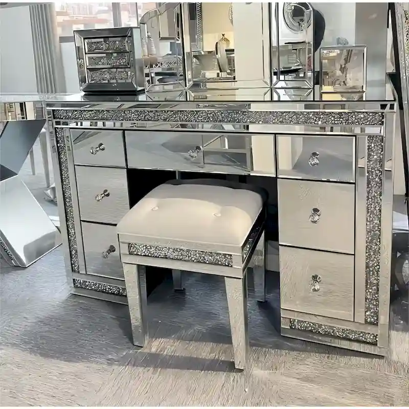 1e870cc4ec412a46c0798eb5f845007bab397560fbd5c09de092b634814fb146 7-Drawer Mirrored Vanity Dressing Makeup Table with Sparkling Diamond(Clear)