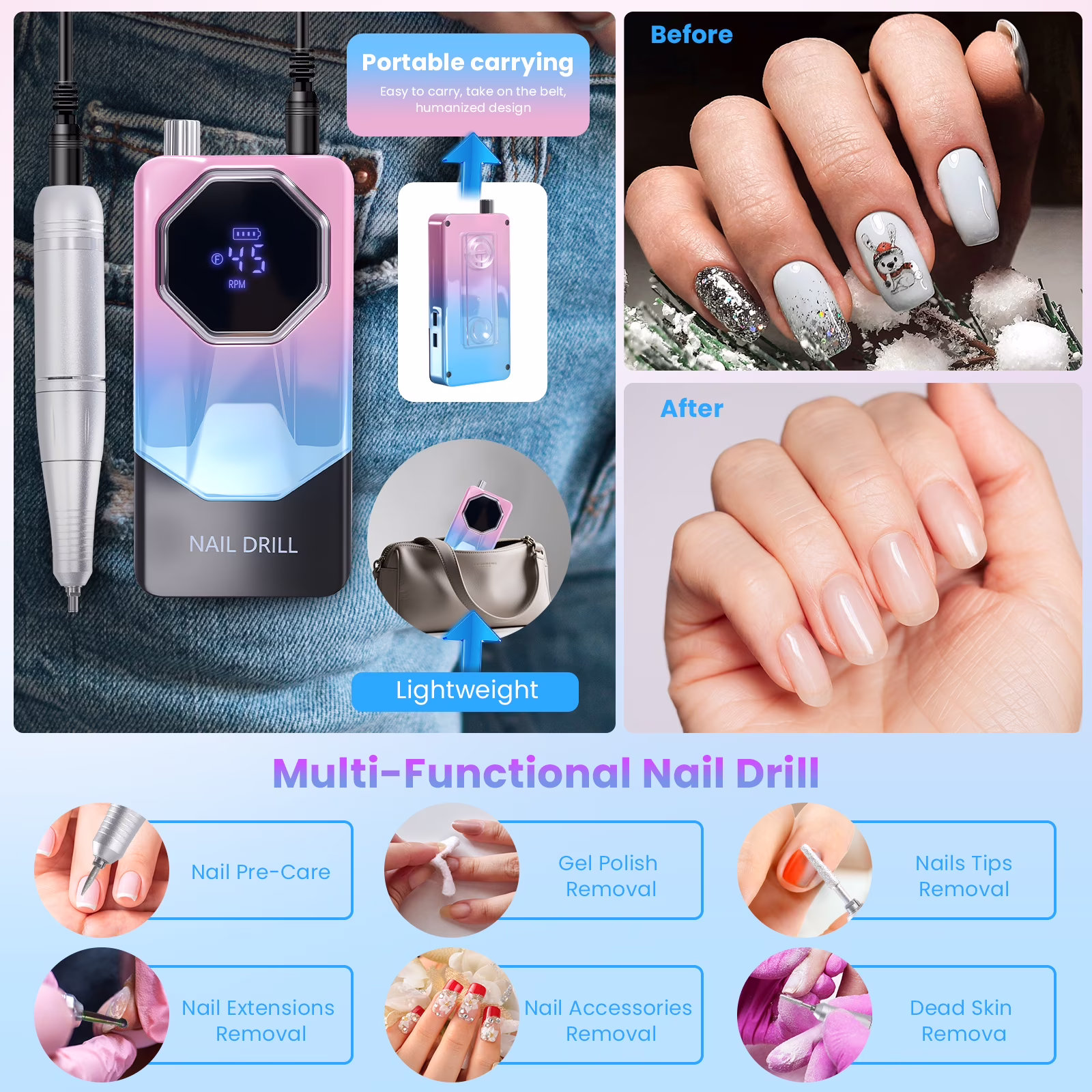 1eedf86b6891350abc707346879f1790672f861cd620b9ddb309f34fffca2a0b FETERVIC Professional Nail Drill Kit 45000 RPM, Rechargeable Electric Nail File , Cordless E-File Machine with LCD Display & 24 Drill Bits for Acrylic, Gel Nails & Cuticle Care
