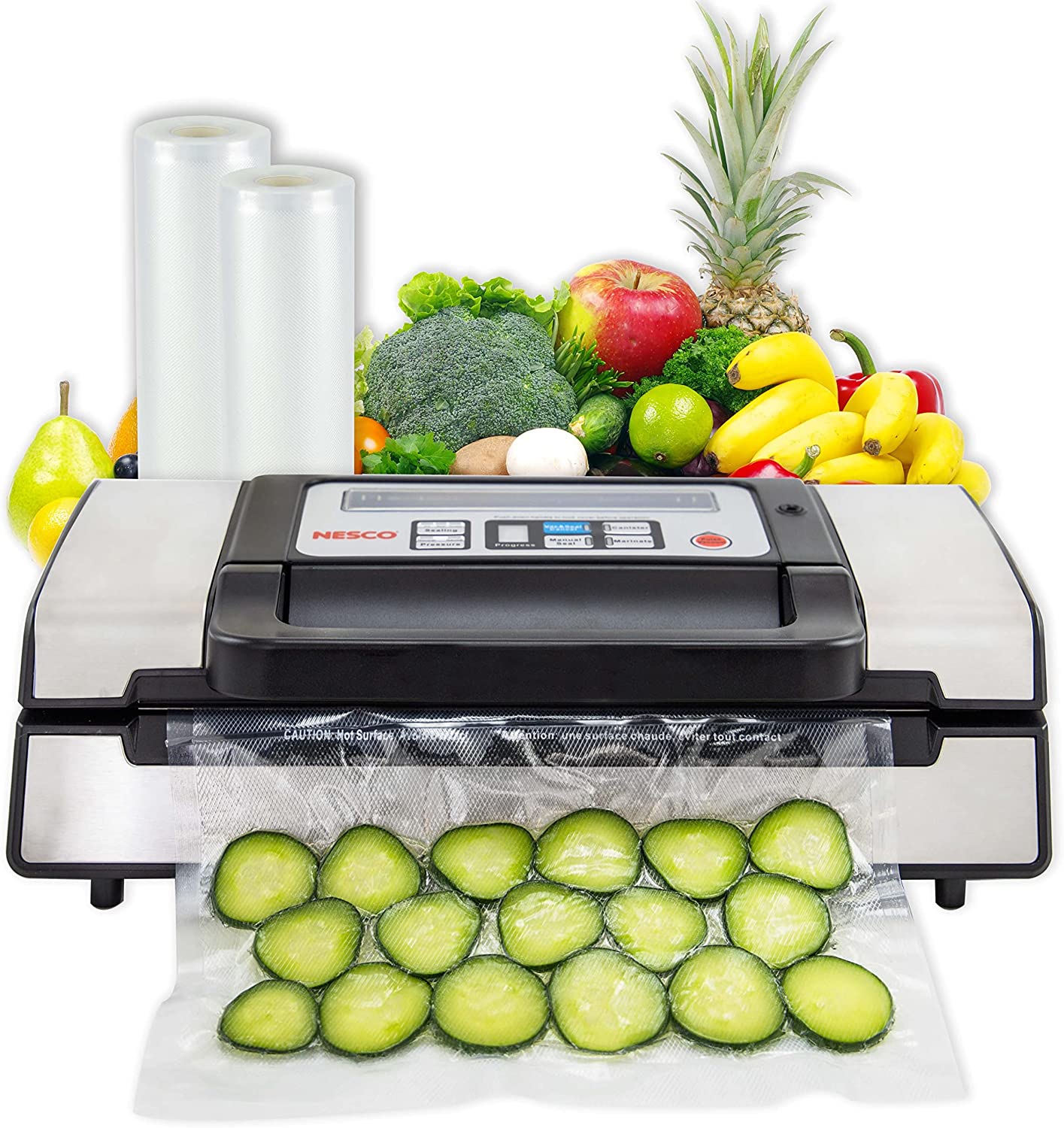 1f1a533606e827dcc796da5401d63c3dad22164f071860e3aa81225e649836c0 Nesco Deluxe Food VS-12 Vacuum Sealer, 130 Watts, Kit Bags Viewing Lid