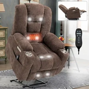Power Lift Recliner Chair with Massage and Heat, Lazy Boy Overstuffed Wide Recliners w/USB, Type C Ports  2 Steel Cup Holders(Brown)