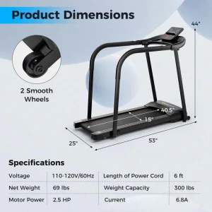 2.5 HP Walking Treadmill for Senior with Long Handrail, 300 lbs Capacity, Recovery Fitness Exercise Machine for Home with Pulse Sensors(Default Title)