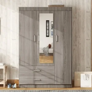 3-Door Mirror Wardrobe with Shelves and 2 Drawers(Grey)