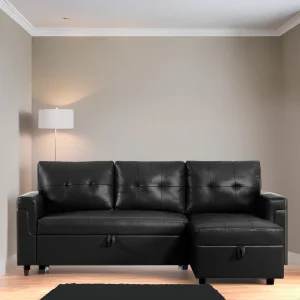 Reversible Sectional Sofa with Pull-Out Sleeper Bed, Hidden Storage Chaise, Durable Legs,(Black,Air Leather)