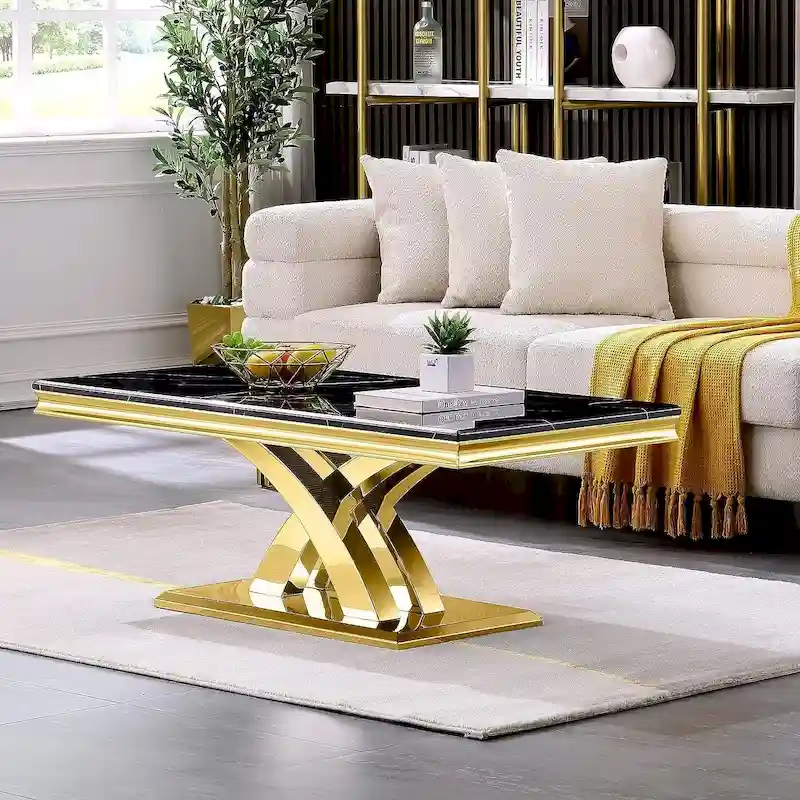 2275741a7a6ac5837a465a6d4636064ab026c31f212c7ab333ff0a6bfb1426b3 Modern Coffee Table 48 Rectangular Coffee Table with X Base Pedestal Coffee Tables for Living Room(Gold)