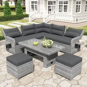 Outdoor Rattan Furniture Set with Adjustable Table, Recliners and 2 Ottomans(Grey)