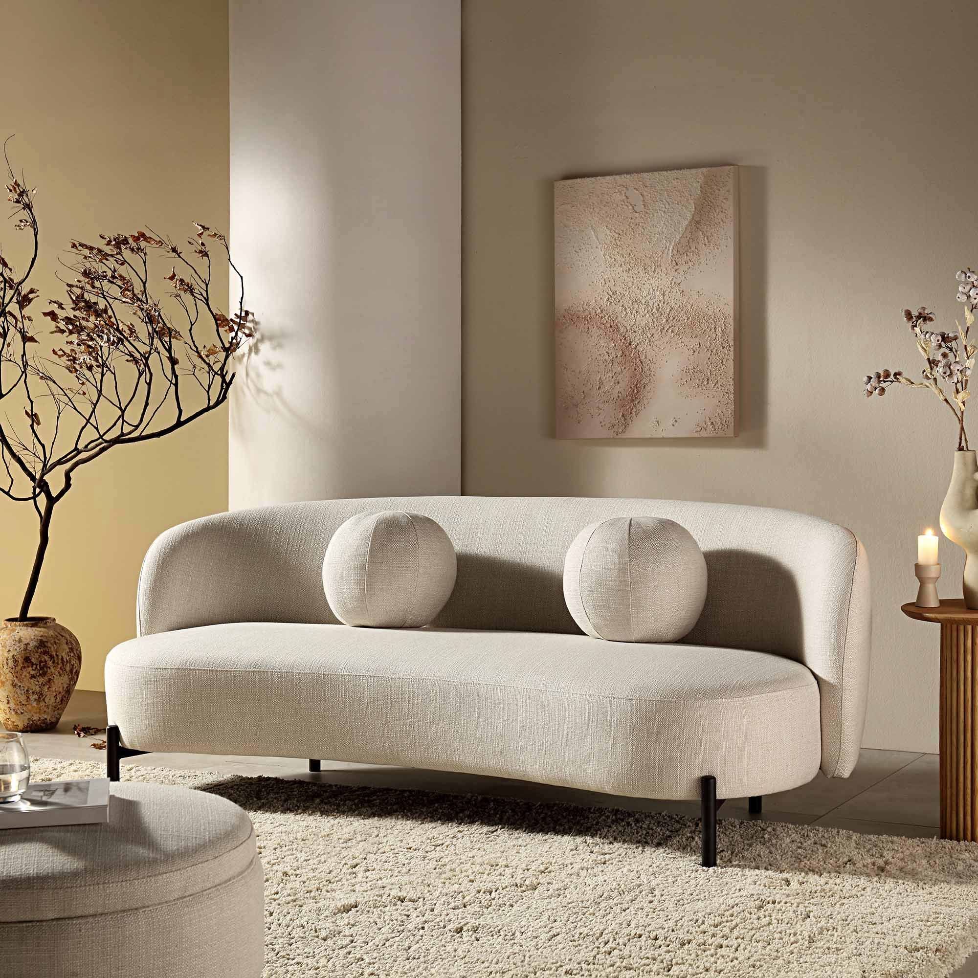23aa1fcc42ae0b52fb4f31c66fde1b6ad9c5d2be87eb81c6665c4d3d6baf6a94 3-Seater Curved Sofa with Ball Cushions, Beige Linen Blend
