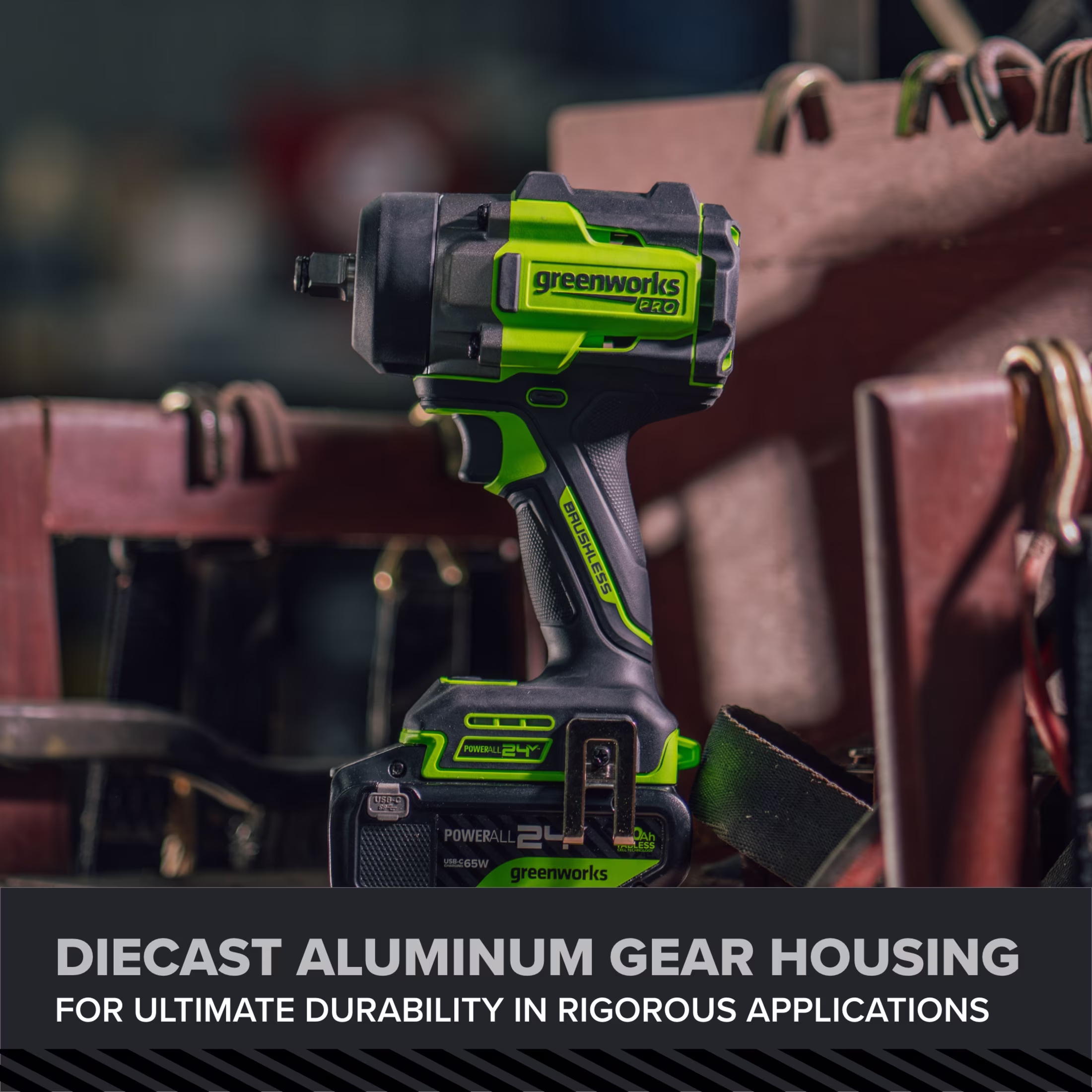 24182ee56e205b75c67beb0cd294025338b06bac584f1f34f62f01c9d33bbf7d Greenworks Pro PowerAll 24V Brushless 1/2" 750 lbs Breaking Impact Wrench, Tool Only, IW5800A3