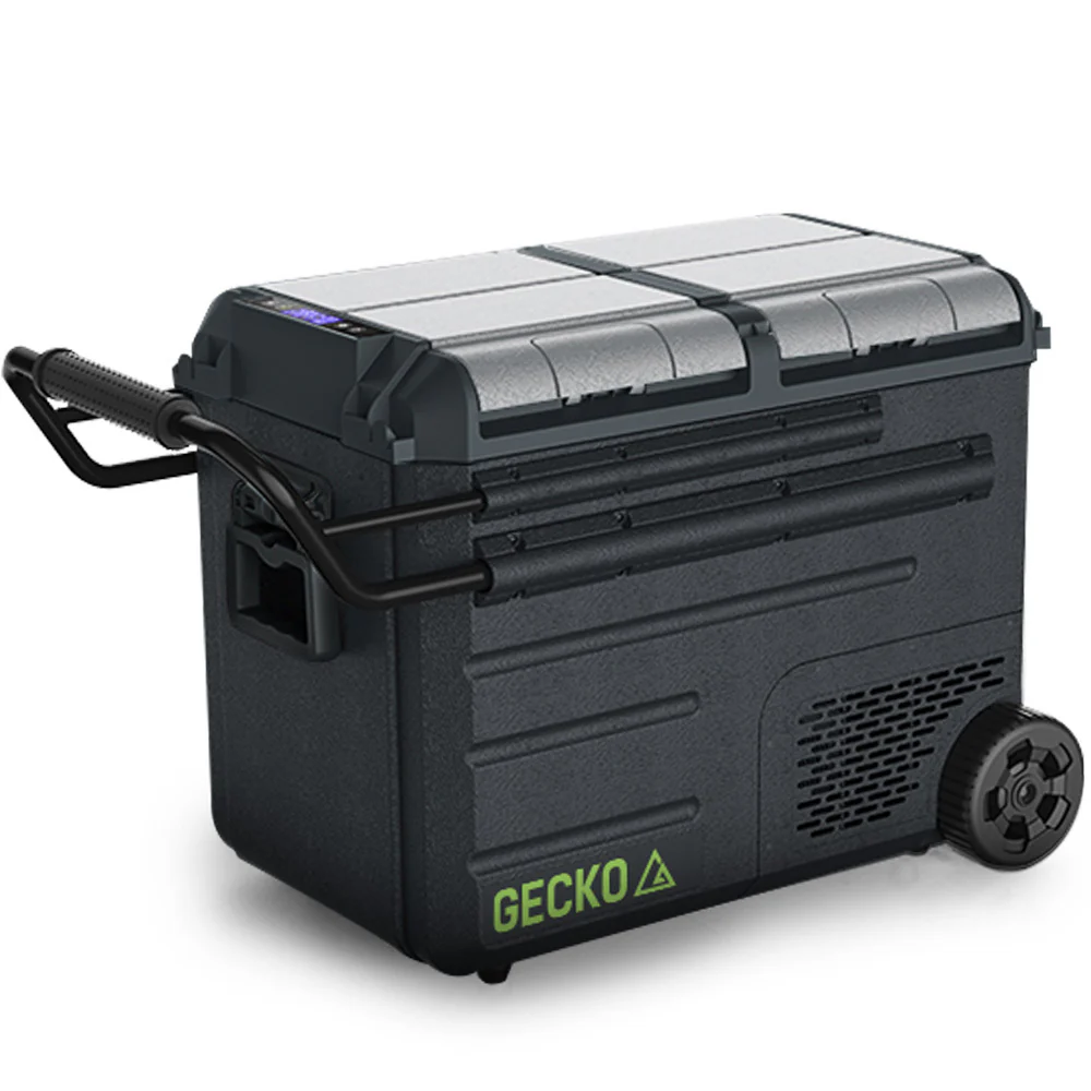 24709f8fe99d6f430b573a1104efe6c9400ebe9af40e61516154cd375ff784cc Gecko 55L Dual Zone Portable Fridge Freezer with onboard Lithium Battery, 12V/24V/240V, with 2 Doors, Wheels, for Camping, Car, Outings