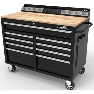 46-in W x 24.5-in D 9-Drawer Mobile Workbench with Hardwood Top and Power Station ¨C Gloss Black(Black)