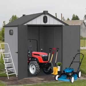 6 ft x 4 ft/6 ft x 8 ft/8 ft x 6 ft/8 ft x 10 ft All-Weather Resin Outdoor Plastic Storage Shed w/Floor, Spire Tool Shed(Grey  Black - 6 x 8)