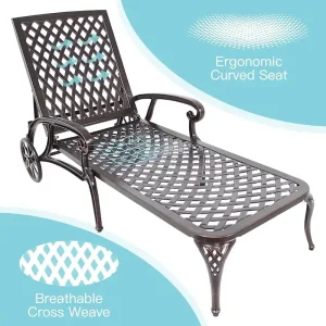 Aluminum Outdoor waterproof Chaise Lounge Chair With Wheels Adjustable Reclining(Tan)