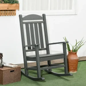 Outsunny 2 Pieces Outdoor Rocking Chair, All Weather-Resistant HDPE Rocking Patio Chairs with Rustic High Back, Armrests(Grey)