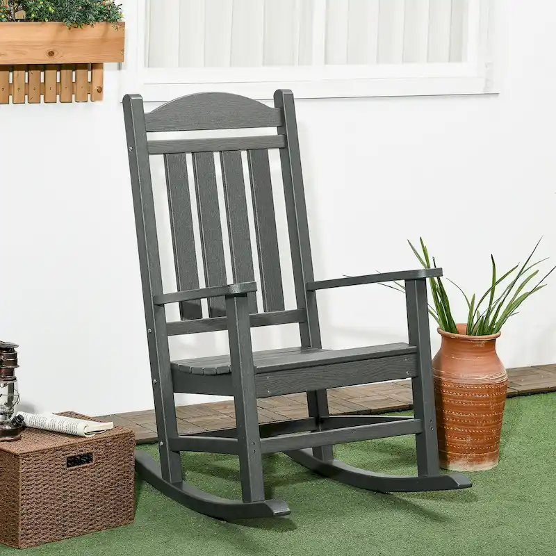 25b000b103e390121a9fa590925dbb9175101c79eee6bbf5afb8f0eaa86c73fc Outsunny 2 Pieces Outdoor Rocking Chair, All Weather-Resistant HDPE Rocking Patio Chairs with Rustic High Back, Armrests(Grey)