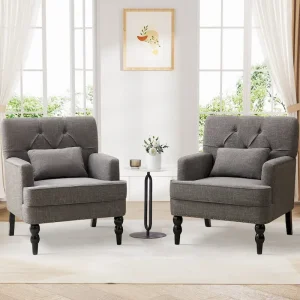 Set of 2 Arm Chair Upholstered Button Tufted Accent Chair with Lumbar Pillow Beige/ Grey/ Light Blue(Grey)
