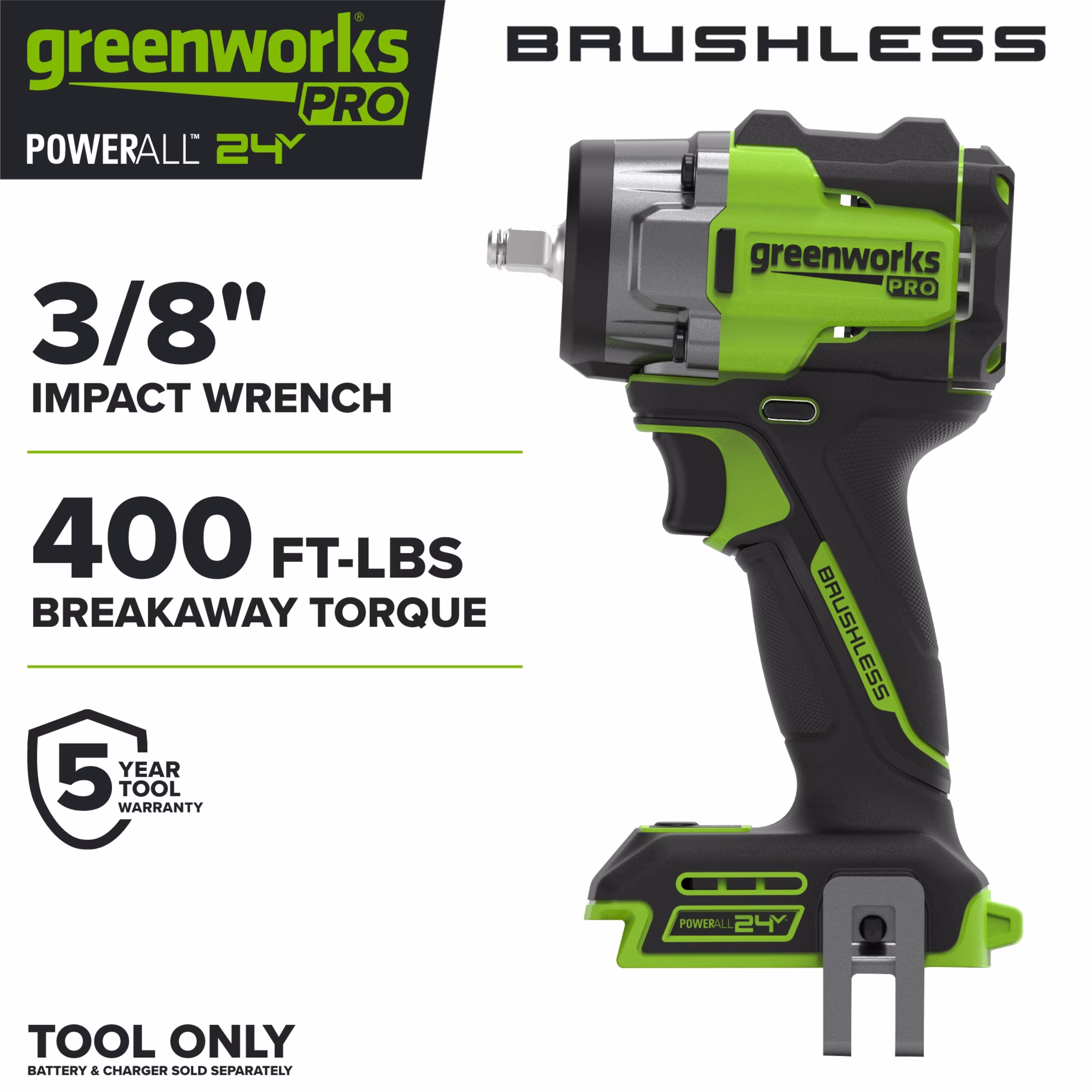 Greenworks Pro PowerAll 24V Brushless 400 ft-lb Breakaway Torque 3/8" Impact Wrench, Tool Only, IW5370A1