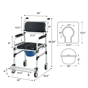 2-in-1 Foldable Shower Commode Wheelchair, Aluminum Alloy Transport Chair Toilet Bedside Wheelchair with Commode(Default Title)