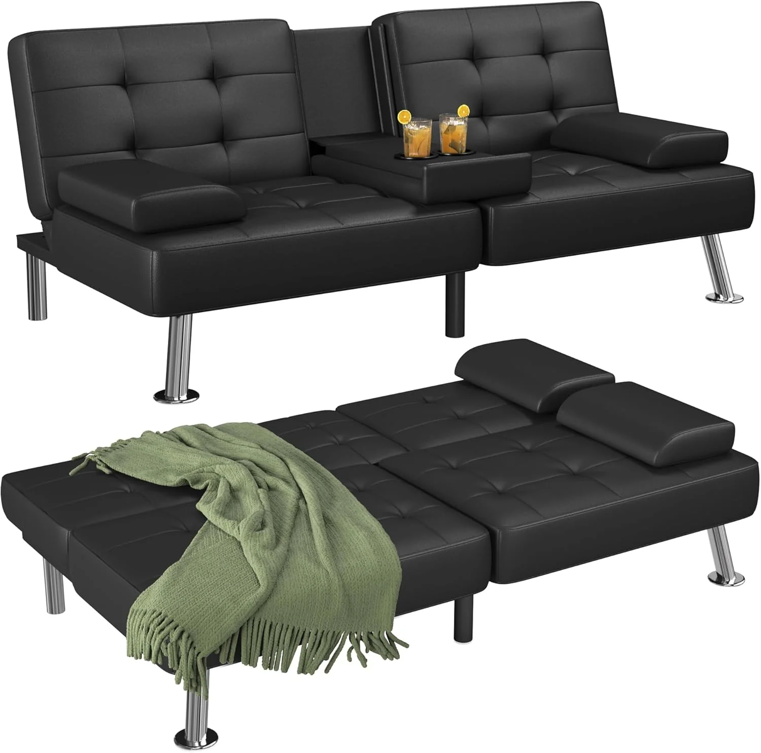 29a44fcefc3ccb9ce875f8d59f02ba73c73ef50dcaee7c9281b562f4ad5c659a Flamaker Futon Sofa Bed Modern Folding Futon Set Convertible Recliner Lounge for Living Room with 2 Cup Holders, Removable Armrests (PU Leather, Black)(Green/Corduroy)