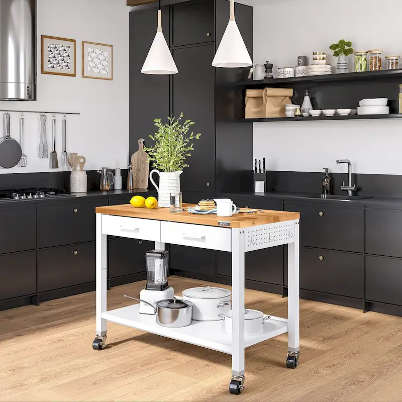 2b272f92404b2e5bd2d07be9b80ab8d75ef56bc0c7eb37e8a11e42a433c7c126 Seville Classics HOME Work Center Island Table with Solid Wood Top, 48 W x 24 D x 36 H, White(PORTABLE/White/WOOD)