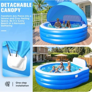 2025 Upgraded Inflatable Pool with Canopy, Inflatable Family Lounge Pool, Round Blow Up Pool for Adult with Bench  Backrest, Swim Center Easy Backyard Pools for Kids  Adults, 92