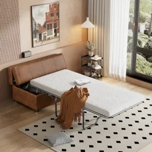Twin Size Folding Pull out Ottoman Sleeper Bed with Mattress Convertible Guest Bed, PU Upholstered Sleeper Sofa(Brown Pu)