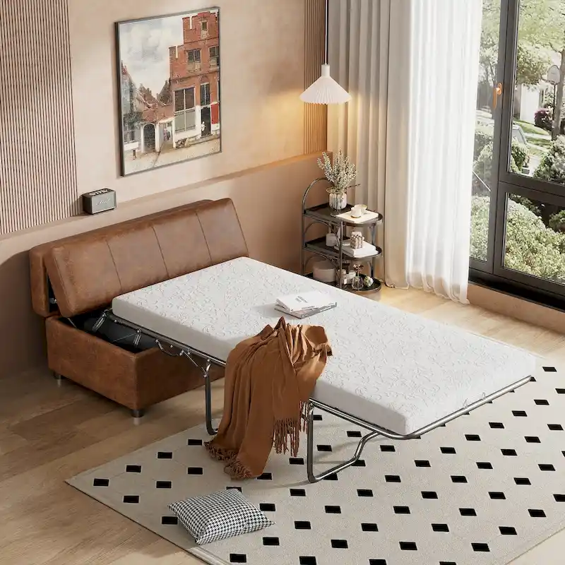 2bf977799150fd85103d086238104ac3c9c5011b5f9c486fc44b6228d965a929 Twin Size Folding Pull out Ottoman Sleeper Bed with Mattress Convertible Guest Bed, PU Upholstered Sleeper Sofa(Brown Pu)