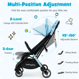 Compact Travel Stroller for Airplane Infant Toddler Stroller w/Adjustable Backrest Canopy(Black)