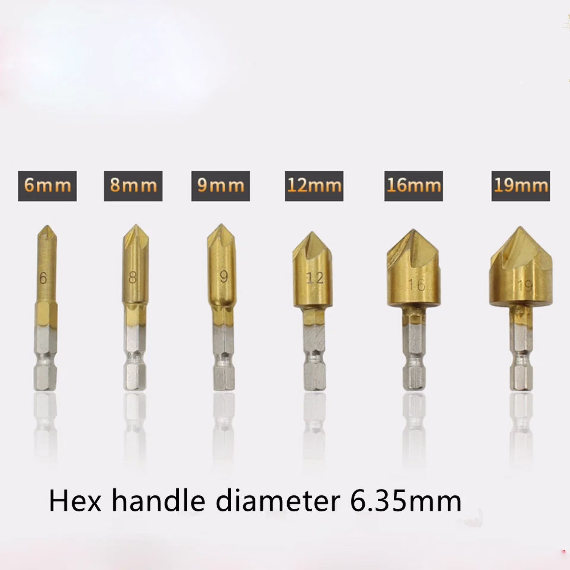 2d8901e96d94aec1c3f87266f901f9e2c786662b59ffe8d60fc92bc4c9269eec 6X Countersink Tool Bit Set 1/4'' Hex Shank Counter Sink For Steel Metal Wood H