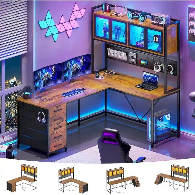 2da46a39f7f6d8df9f39621806008fd818ca464c9e3f03c45731fde03b8a135b L Shaped Gaming Desk Computer Desk Pegboard 5 Drawers Storage Shelf(Brown)
