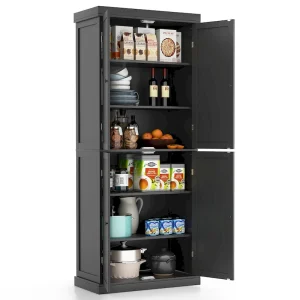 Gymax 72.5 Kitchen Pantry w/4 Door 6-Tier Shelves Freestanding(Black)
