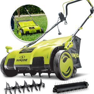 AJ805E 15-Inch 13-Amp Electric Dethatcher and Scarifier w/Removeable 13.2-Gal Collection Bag, 5-Position Height Adjustment, Airboost Technology Increases Lawn Health, Green