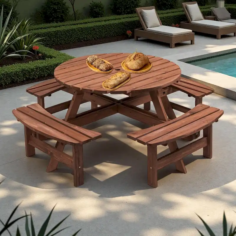 2e858140d3b128ed1e41f09ddd257247570aee03c3d4e0bccd5bd8ca75bf538e 8-Person Outdoor Patio Fir Wood Round Picnic Dining Set with 4 Built-in Benches and Umbrella Hole(Brown)