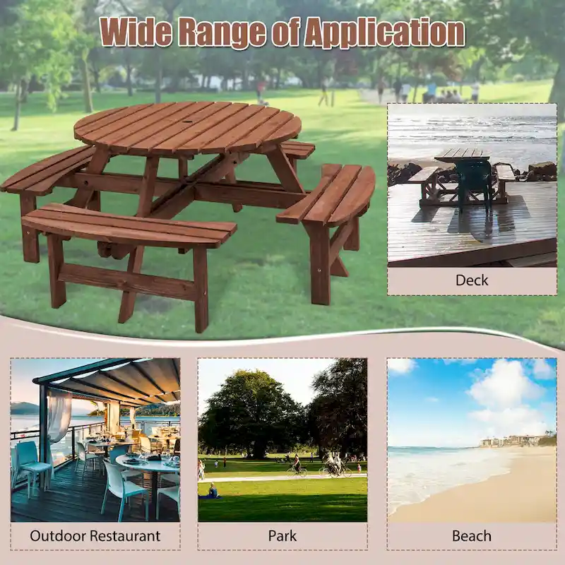 2f10b88c1ab85918cf84f75d7d9ee5f1fa54c2788fbc0340c7453f2f2d40bb2e 8-Person Outdoor Patio Fir Wood Round Picnic Dining Set with 4 Built-in Benches and Umbrella Hole(Brown)