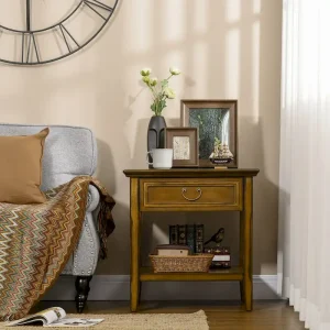 Side Table With Storage, Vintage End Table With Drawer And Open Shelf(Dark Coffee)