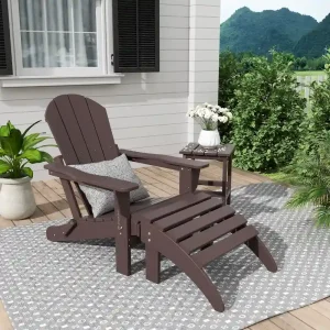 Polytrends Laguna Hdpe All Weather Outdoor Patio Foldable Adirondack Chair With Ottoman And Side Table (3-Piece Set)(Dark Brown)